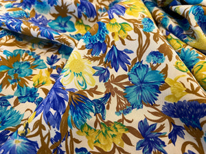 Royal Blue & Turquoise Floral  100% Silk Crepe de Chine  1/4 Metre Price
