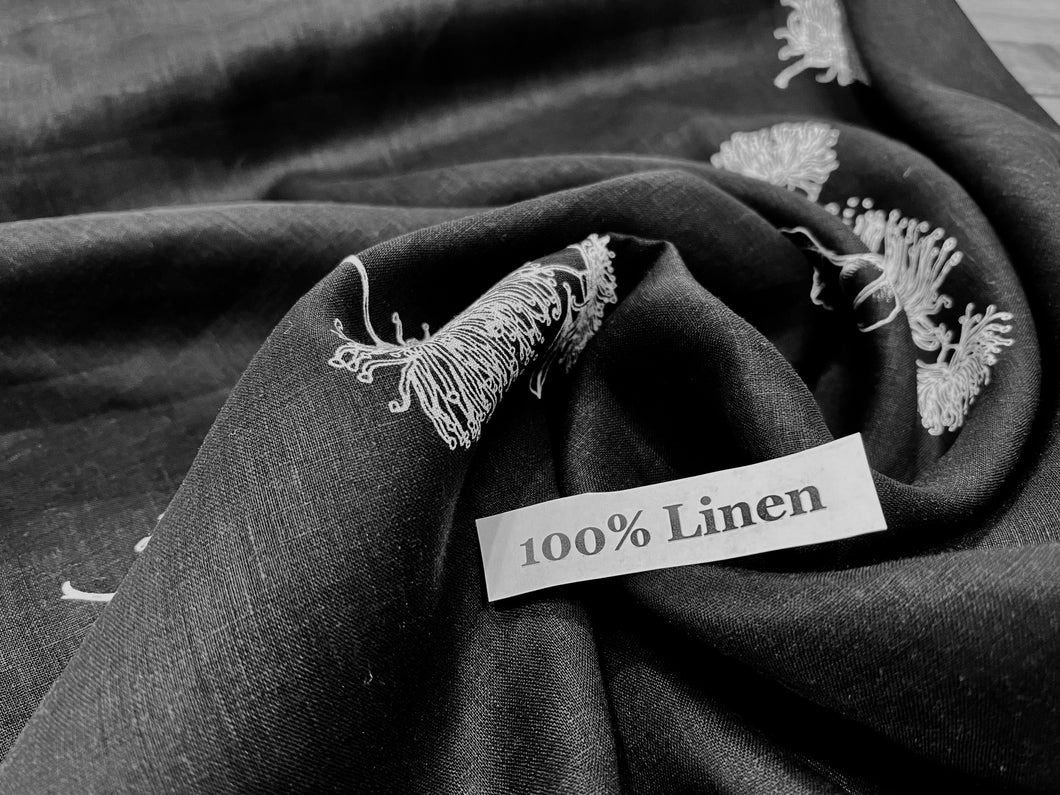 Black & White Botanical Floral  100% Handkerchief Linen.  1/4 Metre Price