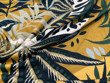 Load image into Gallery viewer, Green &amp; Navy Tropical Forest 95% Ecovera Viscose 5% Spandex Knit.  1/4 Metre Price