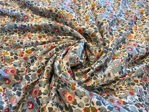 Betsy Grey Floral Liberty of London 100% Silk Charmeuse     1/4 Metre Price
