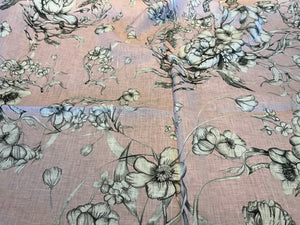 Digital Grey & Pink Floral. 100% Lightweight Linen.   1/4 Metre Price