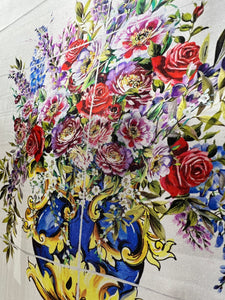 Designer Majolica Floral Vase 100% Silk Twill Panel.  Panel Price