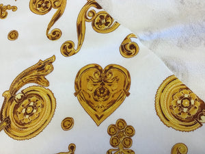 Exclusive Designer Scroll & Hearts on White Sweater 100% Cotton Knit.  1/4 Meter Price