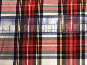 Red, green plaid on white 85% polyester 15% Rayon