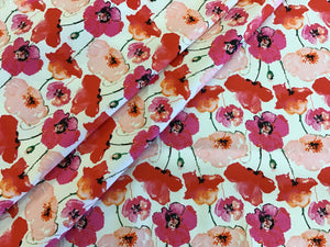 Pink Poppy print on White 97% Cotton 3% Spandex