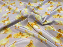 Load image into Gallery viewer, Designer Chicks on Lavender Crepe de Chine 100% Silk.   1/4 Metre Price