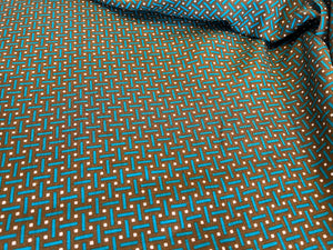 Turquoise & Loden Geometric 100% Linen     1/4 Metre Price
