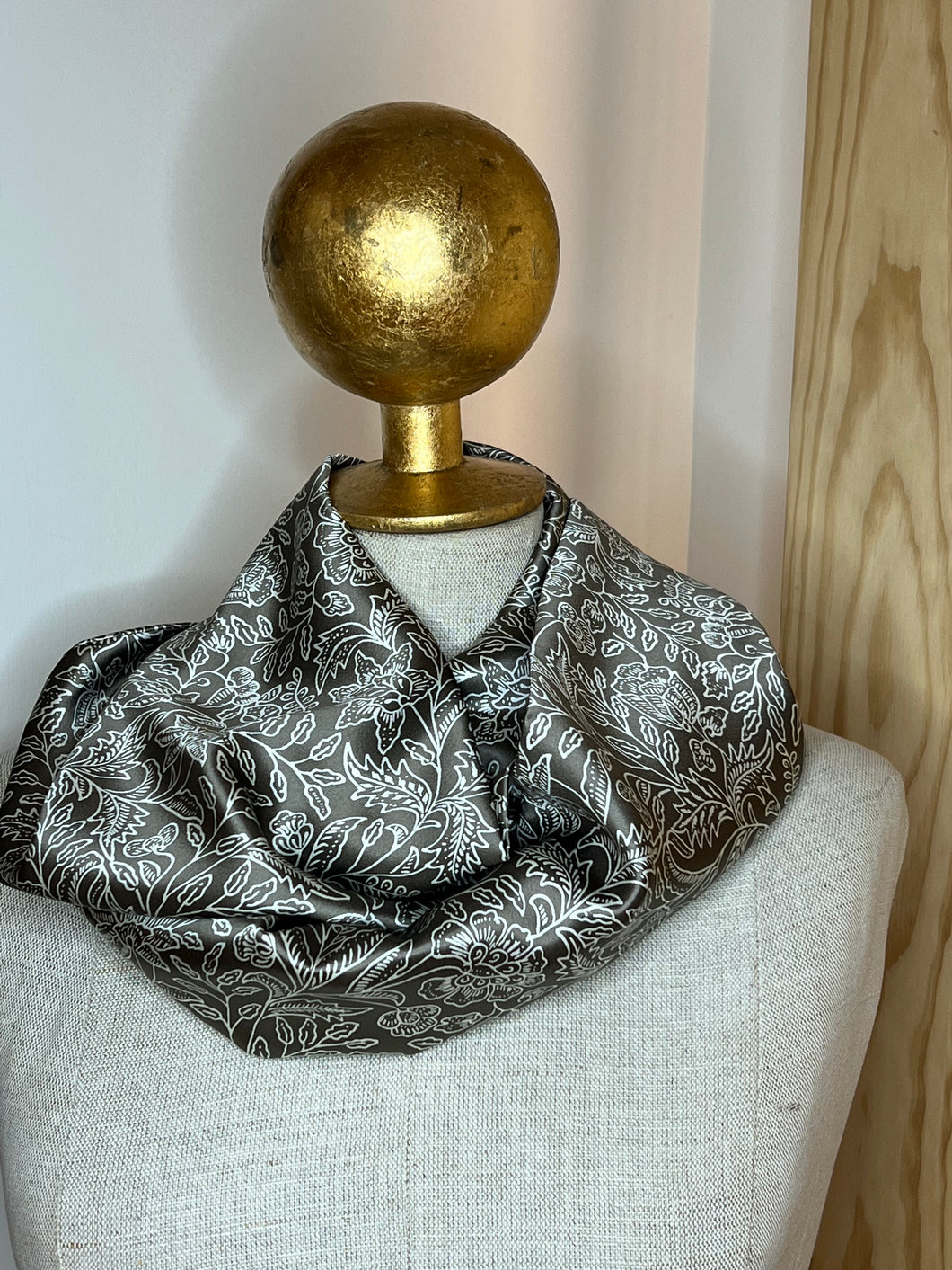Taupe & White Floral 100% Silk Charmeuse Scarf