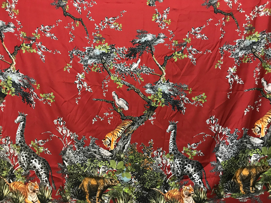 Designer Jungle Print on Burgundy 53% Silk 40% Cotton 7% Elastane     Panel Price