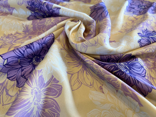 Yellow & Lavender Floral Silk Crepe 95% Silk  5% Spandex 1/4 Metre Price