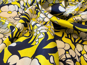 Yellow & Navy Floral Garden 100% Silk Twill.   1/4 Metre Price