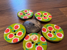 Load image into Gallery viewer, Pink Flowers on Green 100% Coconut Shell Button.  Price per Button