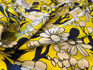 Yellow & Navy Floral Garden 100% Silk Twill.   1/4 Metre Price
