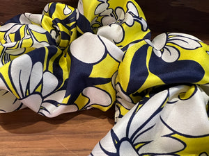 Designer Large Yellow & Navy 100% Silk  Scrunchie