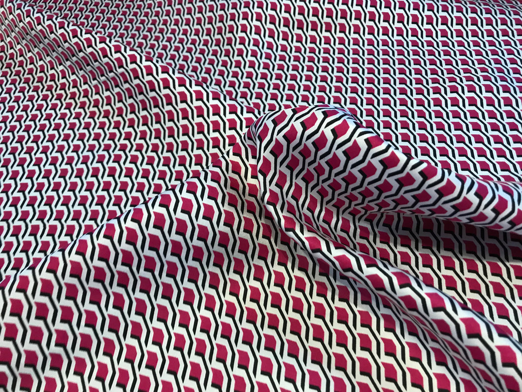 Designer Fuchsia & Navy Geometric 100% Silk Twill.    1/4 Metre Price